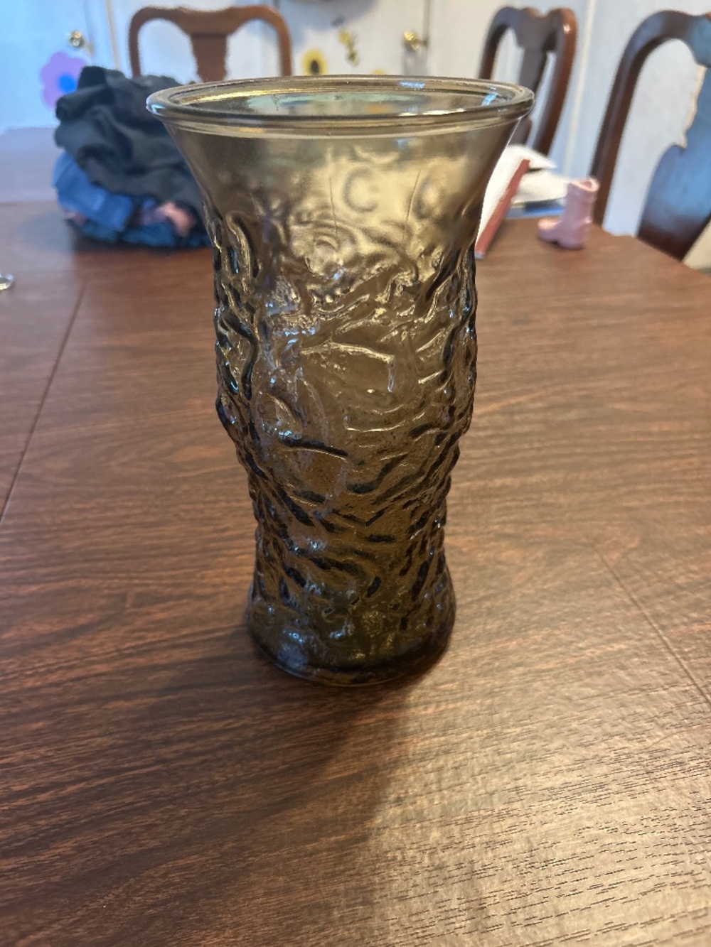 Vintage 8.5” tall smoked color flower glass vase